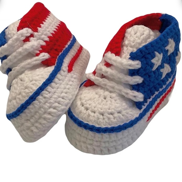 🇺🇸New Handmade Crochet Patriotic American Flag Baby Booties 3-6Mo Neutral - Picture 5 of 7